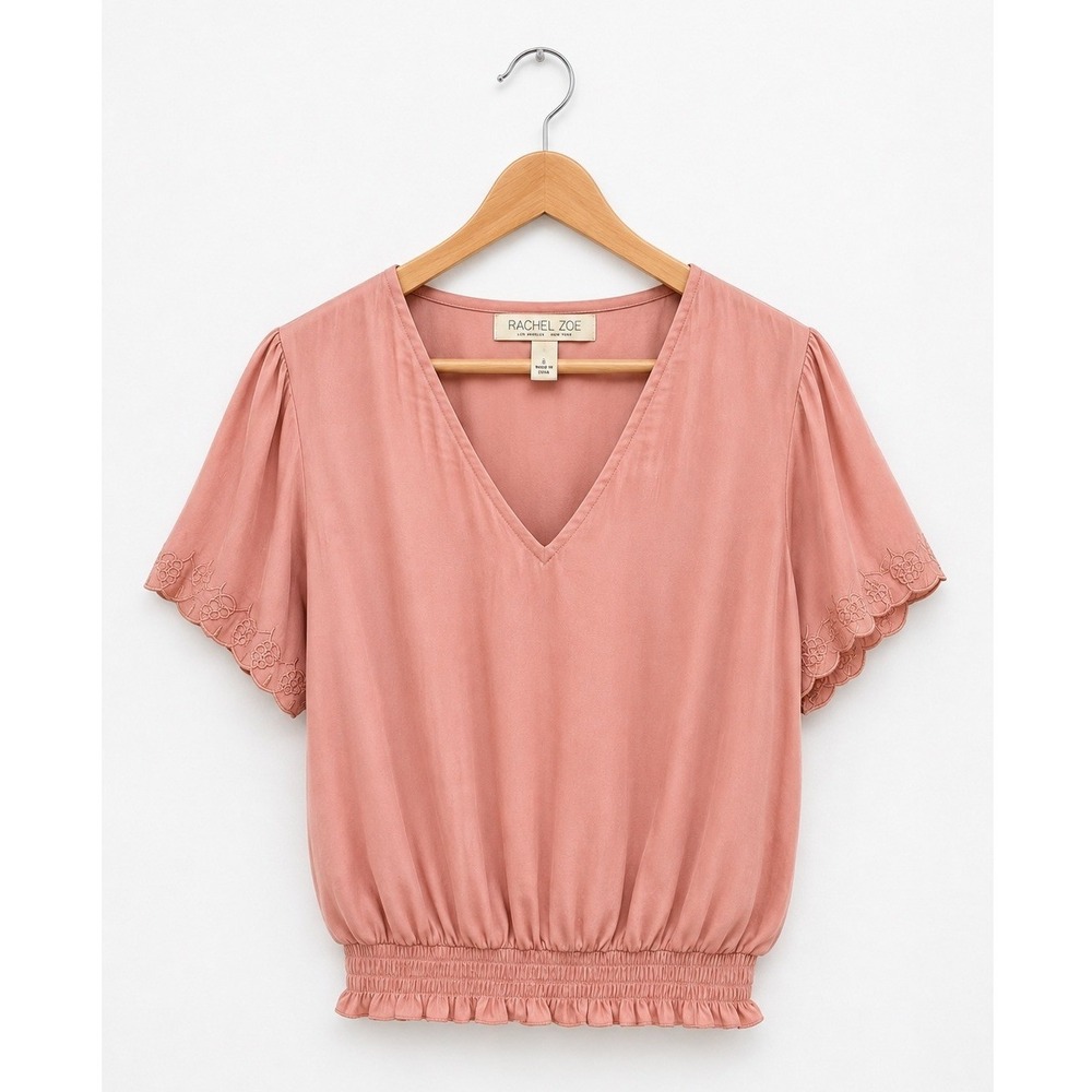 Rachel Zoe Shirt Women Small‎ Pink Smocked Embroidered V Neck Blouse Boho Silky